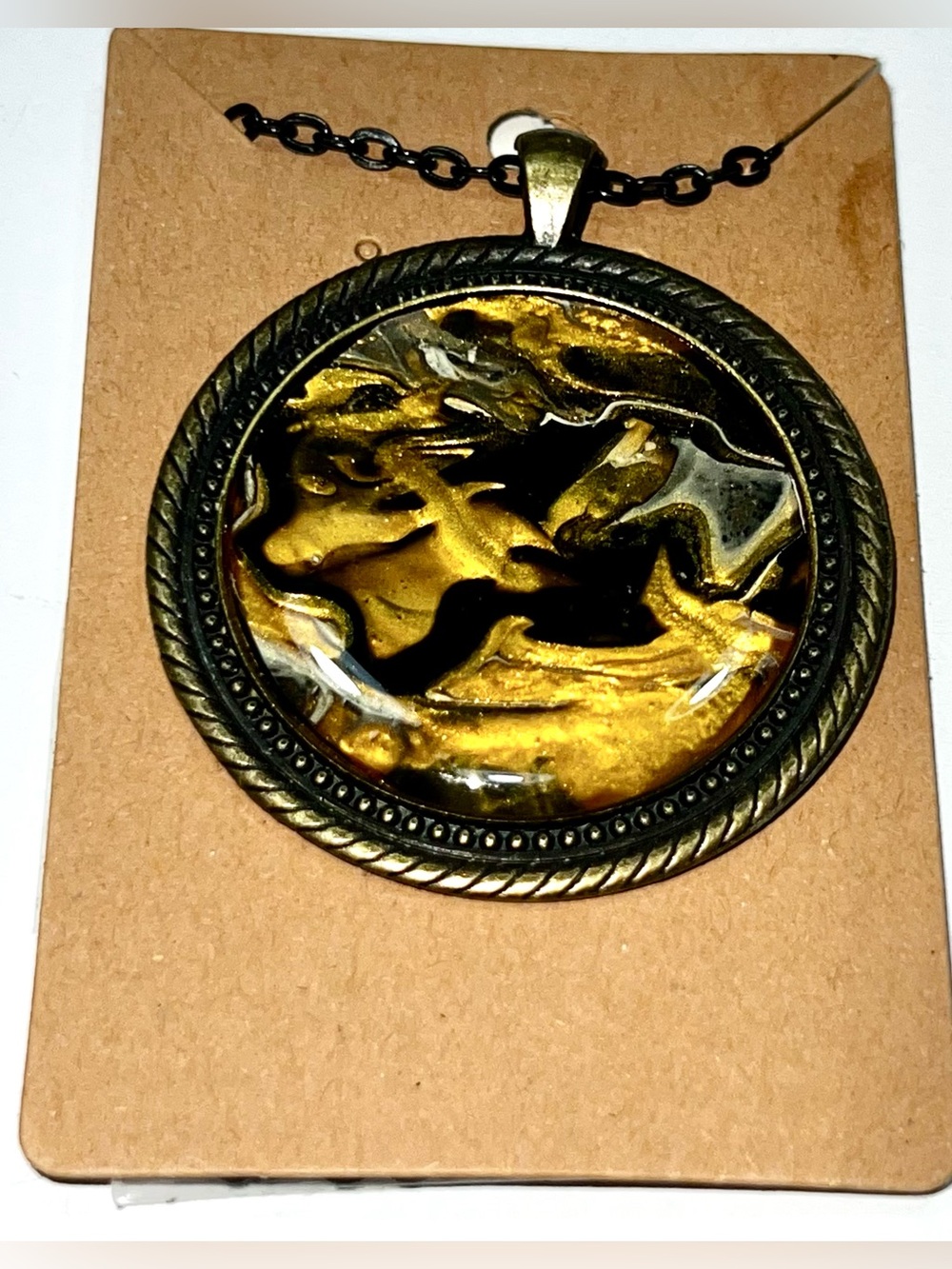 Beautiful Gold & Black Swirl Poured Paint Round Pendant Necklace - NEW